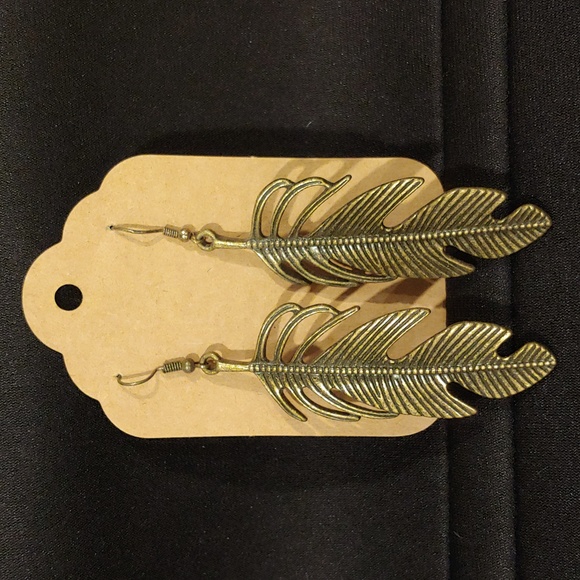 Bronze brown color metal feather earrings, boho style - Picture 1 of 2